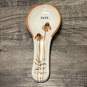 Rae Dunn Artisan Collection REST White Spoon Rest with Orange Coneflower Design
